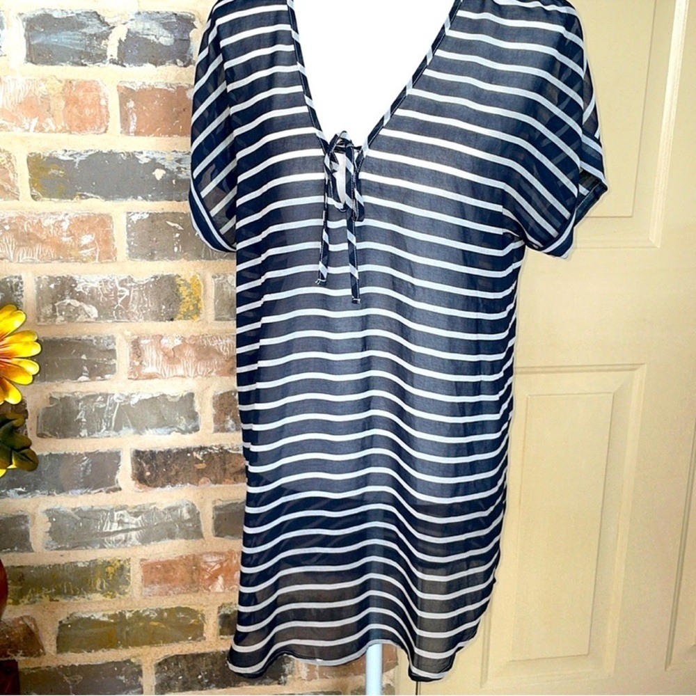 J. Crew Blue & White Stripe Tunic Blouse Sheer Voile Cap Sleeve Self Tie Sz XS - Picture 8 of 8